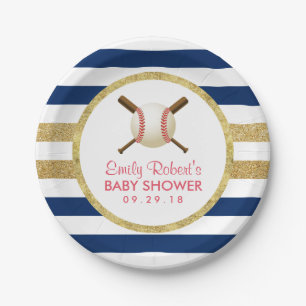 Baseball Boy Navy Blue & Gold Stripes Baby shower Papieren Bordje
