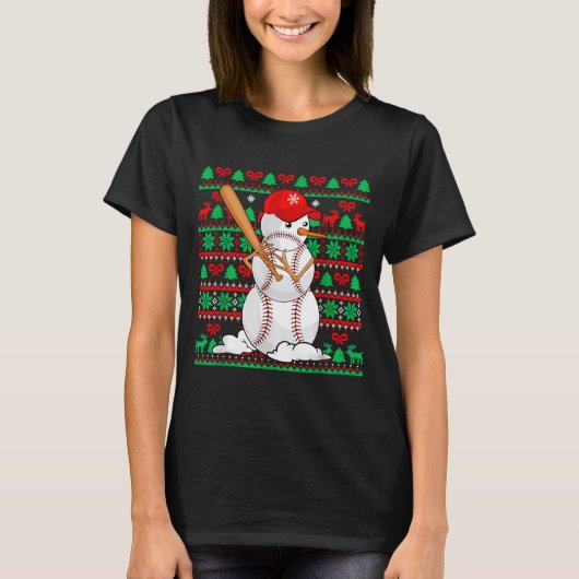 Baseball Boys Men Christmas Snowman Players Ugly X T-shirt (Voorkant)
