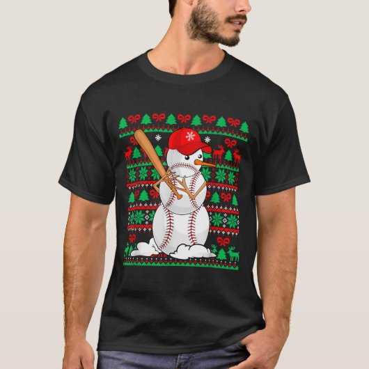 Baseball Boys Men Christmas Snowman Players Ugly X T-shirt (Voorkant)