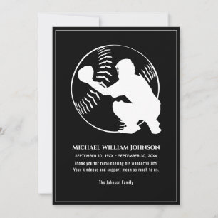 Baseball Catcher Funeral Memorial Black and White Bedankkaart