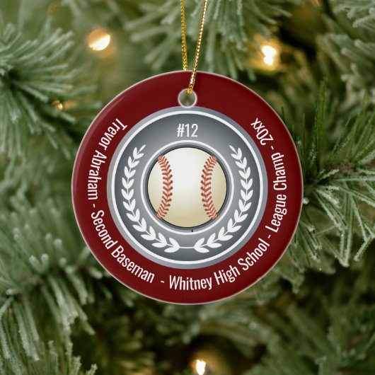 Baseball Champion Player School Silver Grey Red Keramisch Ornament (Boom)