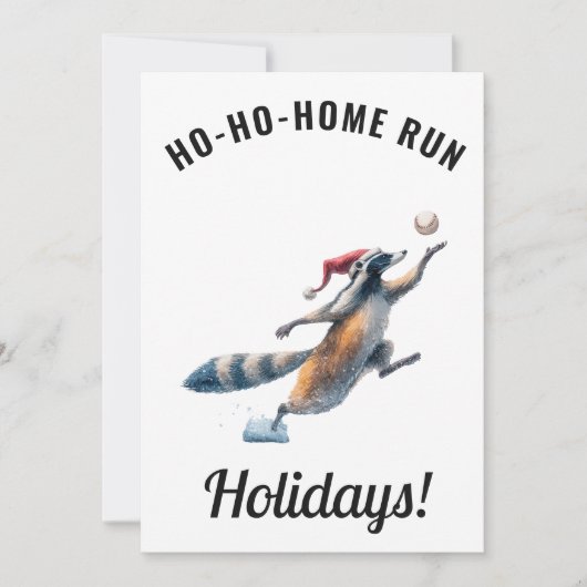 Baseball Christmas Card – Raccoon “Ho-Ho-Home Run” Feestdagenkaart (Voorkant)