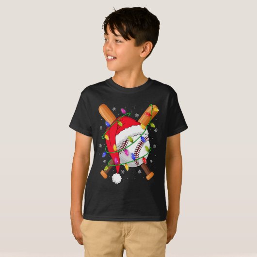 Baseball Christmas Lights Santa Hat Baseball Playe T-shirt (Voorkant volledig)