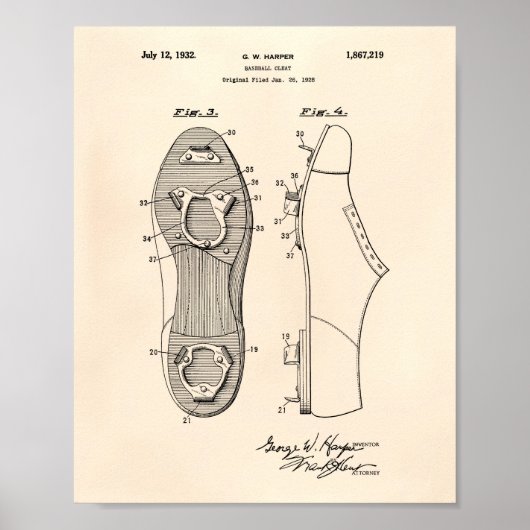 Baseball Cleat 1928 Patent Art Old Peper Poster (Voorkant)