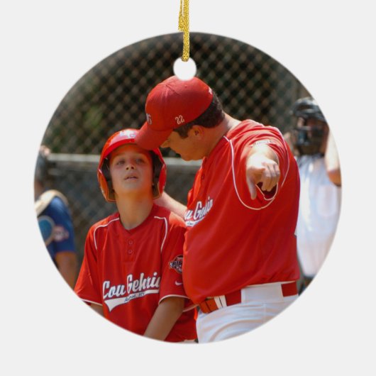 Baseball Coach Ball Stitching Foto gepersonaliseer Keramisch Ornament (Achterkant)