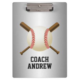 Baseball Coach Crossed Bats & Ball Metallic Klembord