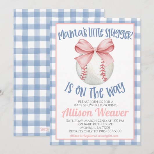 Baseball Coquette Baby shower Invitation Kaart (Voorkant / Achterkant)