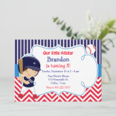 Baseball Cute Brunette Boy Birthday Party Kaart (Staand voorkant)