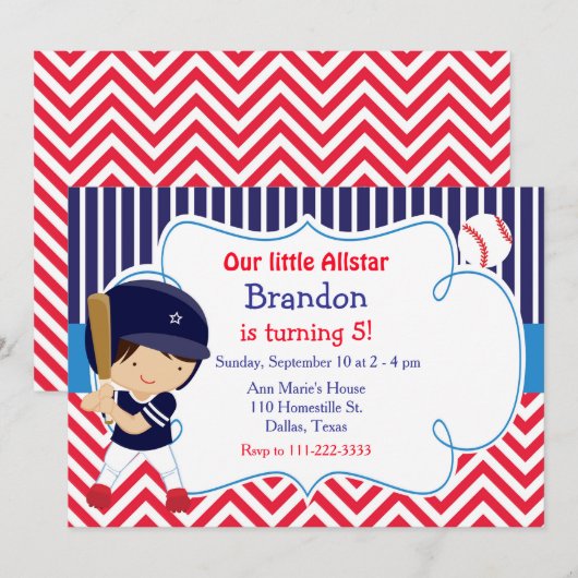 Baseball Cute Brunette Boy Birthday Party Kaart (Voorkant / Achterkant)