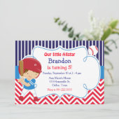 Baseball Cute Brunette Boy Birthday Party Kaart (Staand voorkant)
