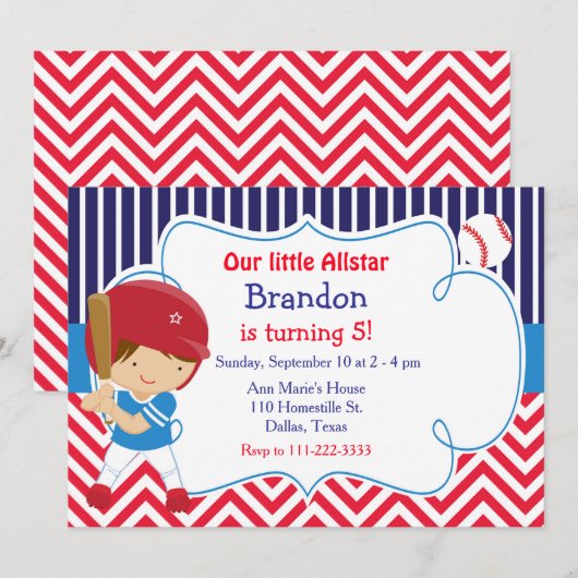 Baseball Cute Brunette Boy Birthday Party Kaart (Voorkant / Achterkant)