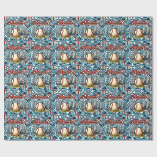 Baseball DAD Kerst blauwe achtergrond Cadeaupapier (Vlak)