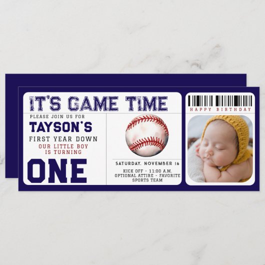 Baseball eerste jaar down 1e verjaardag ticket kaart (Voorkant / Achterkant)