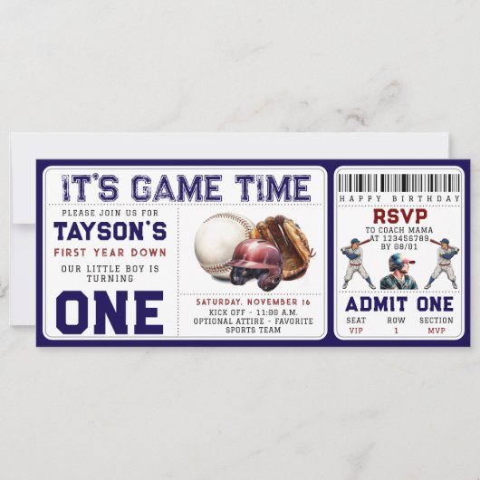 Baseball eerste jaar down 1e verjaardag ticket kaart (Voorkant)