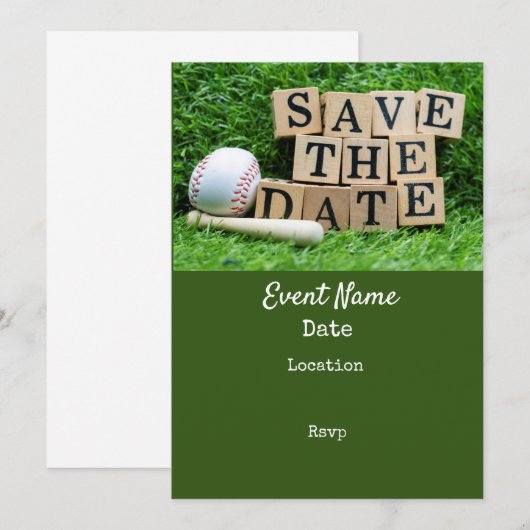 Baseball en de knuppel zijn op groen gras, behalve save the date (Voorkant / Achterkant)