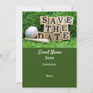 Baseball en de knuppel zijn op groen gras, behalve save the date