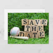 Baseball en knuppel met sparen op de datum op groe briefkaart (Voorkant / Achterkant)