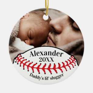 Baseball Fan Dad's Lil' Slugger with Photo Keramisch Ornament