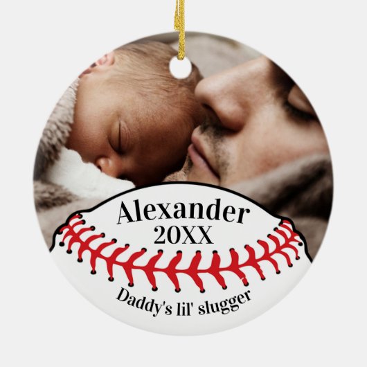 Baseball Fan Dad's Lil' Slugger with Photo Keramisch Ornament (Achterkant)
