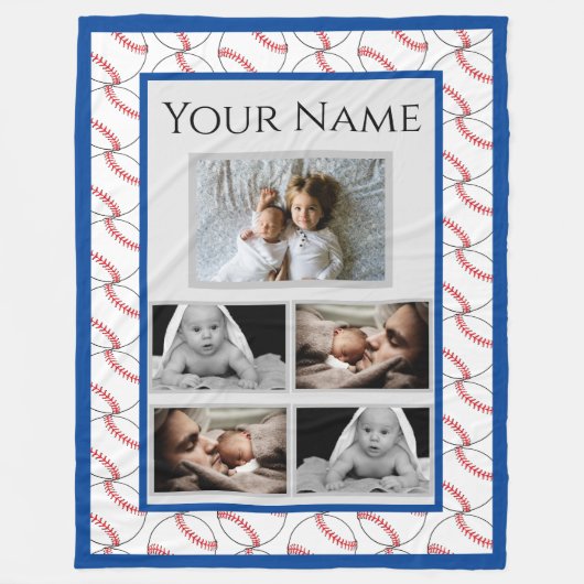 Baseball Fan Pattern met aangepaste foto's en naam Fleece Deken (Voorkant)