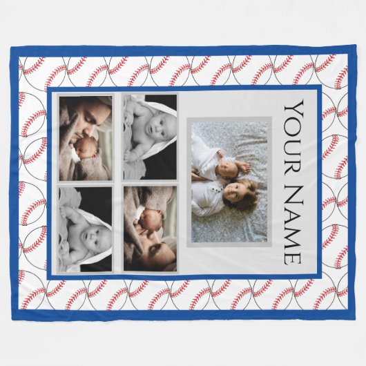 Baseball Fan Pattern met aangepaste foto's en naam Fleece Deken (Voorkant (Horizontaal))