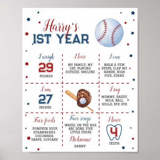 Baseball First Birthday Milestone Poster (Voorkant)