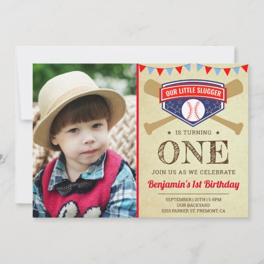  Baseball First Birthday Party Foto Kaart (Voorkant)