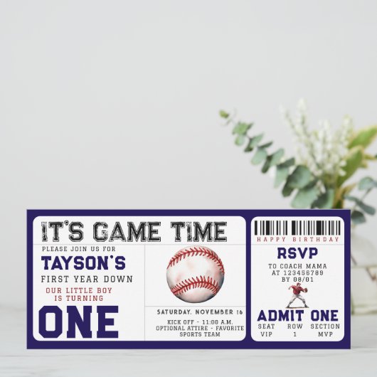 Baseball "First Year Down" 1e verjaardag ticket Kaart (Staand voorkant)