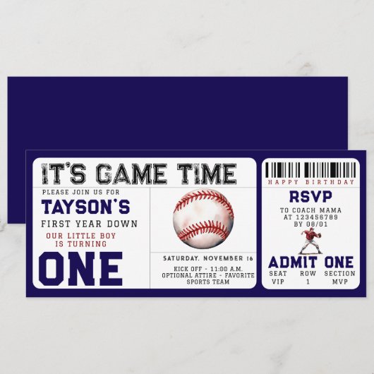 Baseball "First Year Down" 1e verjaardag ticket Kaart (Voorkant / Achterkant)