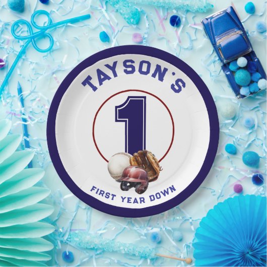 Baseball First Year Down 1st Birthday Papieren Bordje (Feest)
