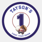 Baseball First Year Down 1st Birthday Ronde Sticker (Voorkant)