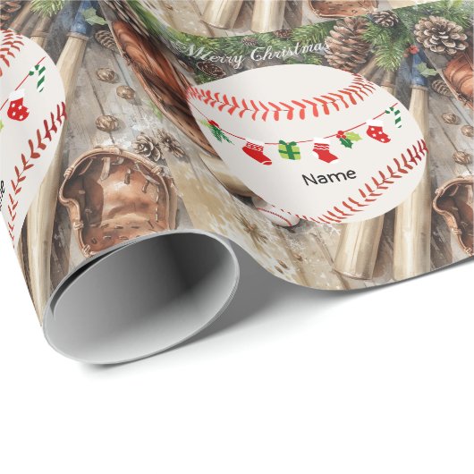 Baseball for Christmas with name for kids   Cadeaupapier (Rol Hoek)