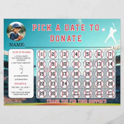 Baseball Fundraiser Calendar Template Kaart (Voorkant)