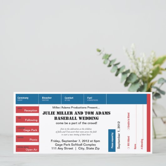 Baseball Game Ticket Wedding Invite (Staand voorkant)