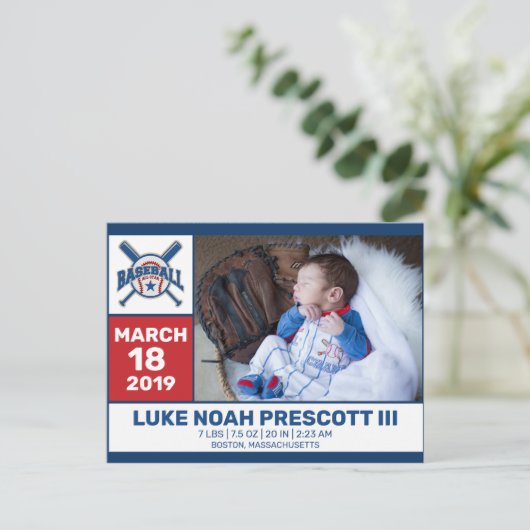 Baseball Geboorte Foto Aankondiging Briefkaart (Staand voorkant)