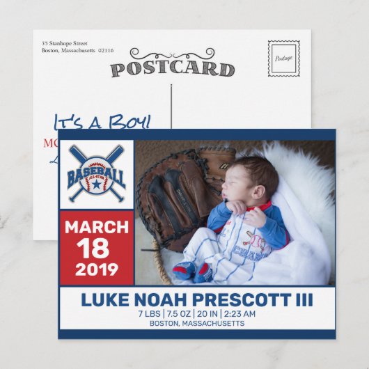 Baseball Geboorte Foto Aankondiging Briefkaart (Voorkant / Achterkant)