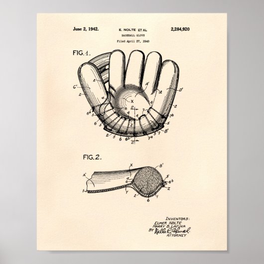 Baseball Glove 1942 Patent Art Old Peper Poster (Voorkant)