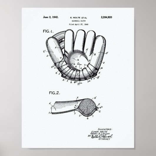 Baseball Glove 1942 Patent Art-witboek Poster (Voorkant)