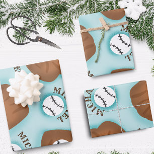 Baseball Glove Ball & Boy Name Patroon Sport Thema Inpakpapier Vel