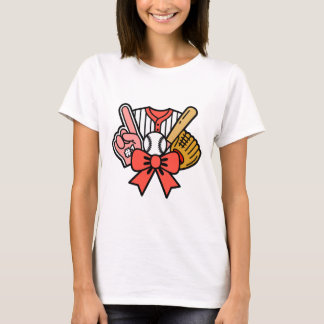 Baseball Glove Bat Ball Red Bow Sports Fan Cartoon T-shirt