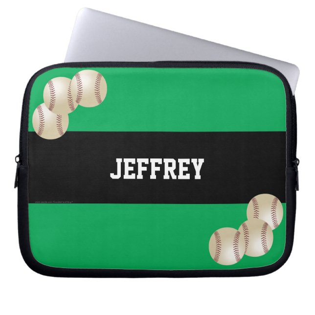 Baseball Green & Black Name Computer Laptop Sleeve (Voorkant)