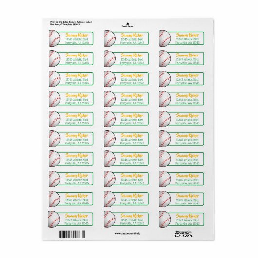 Baseball Green & Gold Address Etiket (Full Sheet)