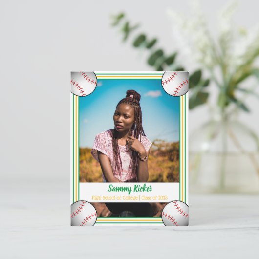 Baseball Green & Gold Afstuderen Aankondigingskaart (Staand voorkant)