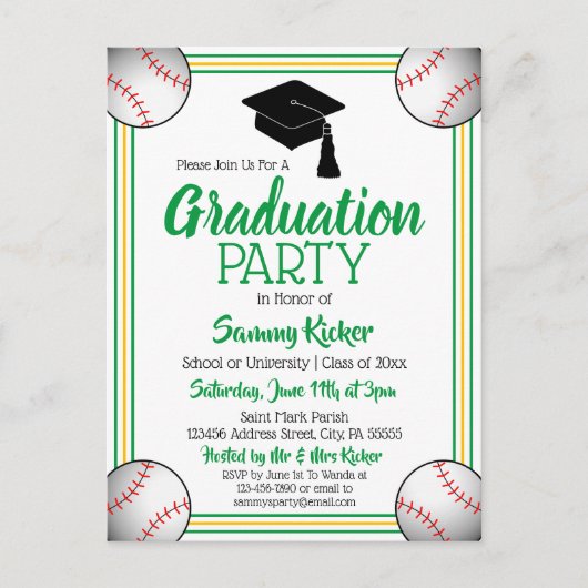 Baseball Green & Gold Graduparty Uitnodiging Briefkaart (Voorkant)