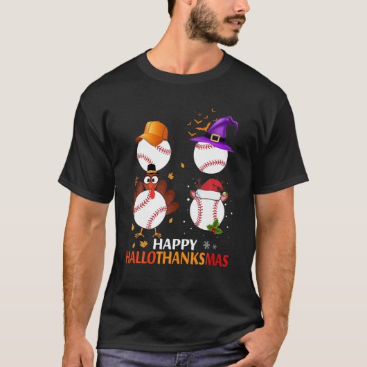 Baseball Halloween en Merry KerstHappy Hallo T-shirt (Voorkant)