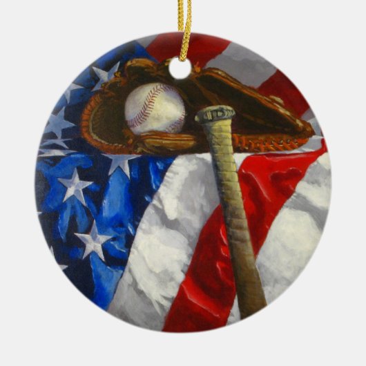 Baseball, handschoen, knuppel en Amerikaanse vlag Keramisch Ornament (Voorkant)