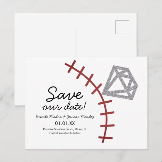 Baseball Homerun Diamond Gem sparen de datum Aankondigingskaart (Voorkant / Achterkant)