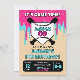 Baseball Ice Cream Drip Birthday Invitation Kaart