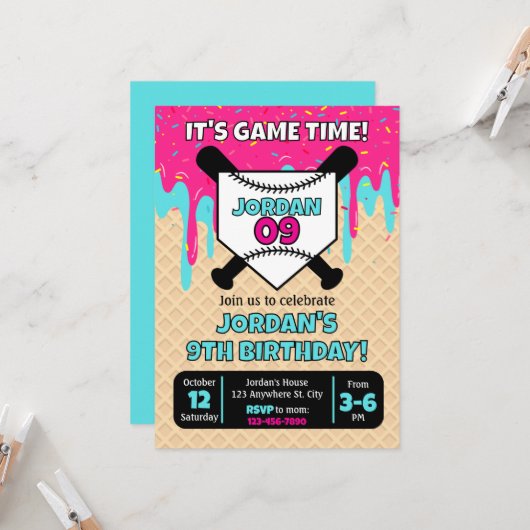 Baseball Ice Cream Drip Birthday Invitation Kaart (Voorkant / Achterkant in situ)