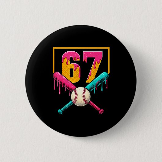 Baseball Ice Cream Drip Number 67 Player 67th Birt Ronde Button 5,7 Cm (Voorkant)